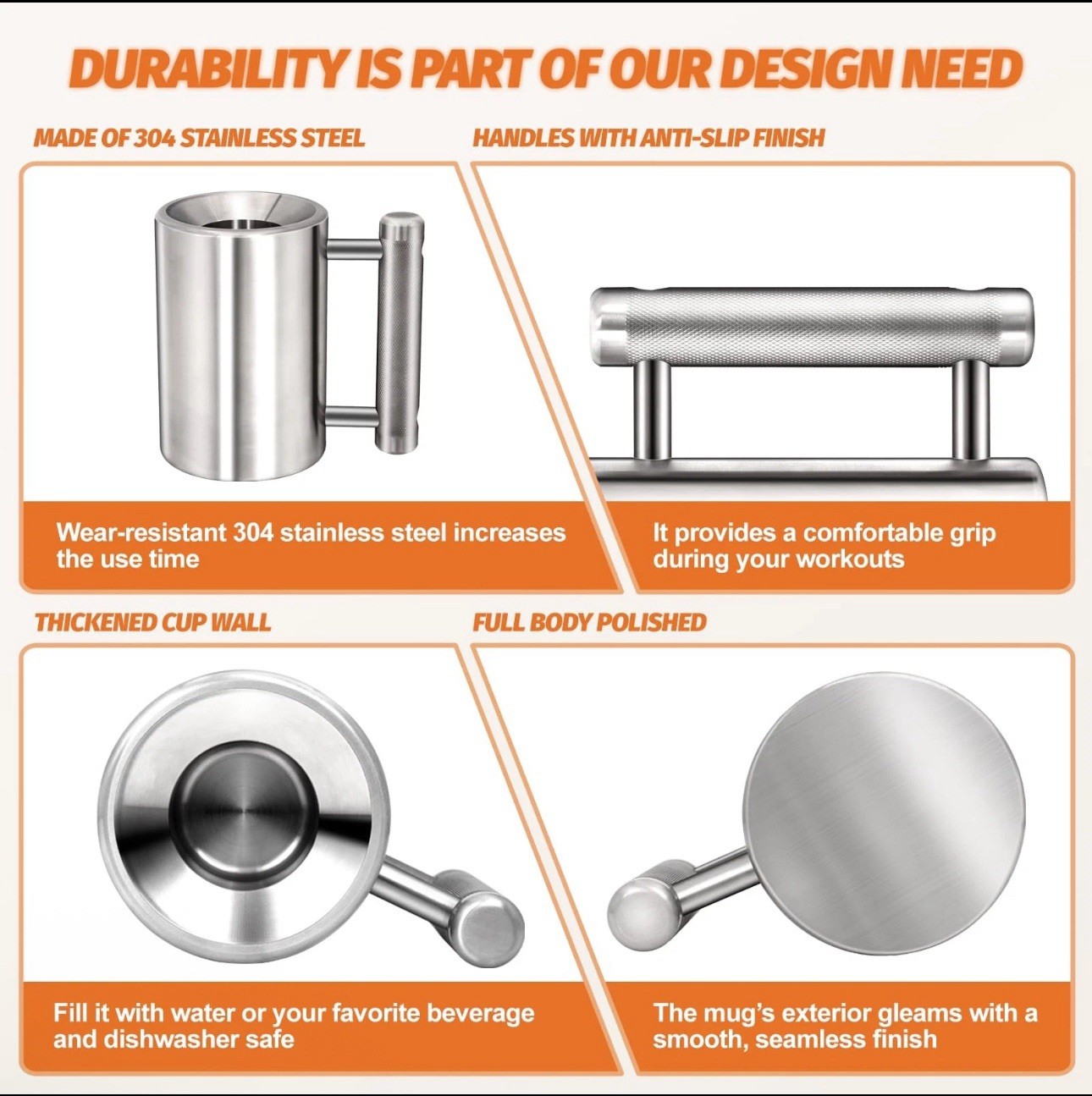 8kg 17.6lb Heavy Coffee Mug Challenge 304 Stainless Steel Dumbbell Cups Silve...