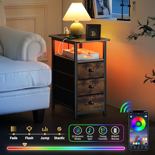 End Table with Charging Station, LED Narrow Side Table 3-Drawers Rustic Brown