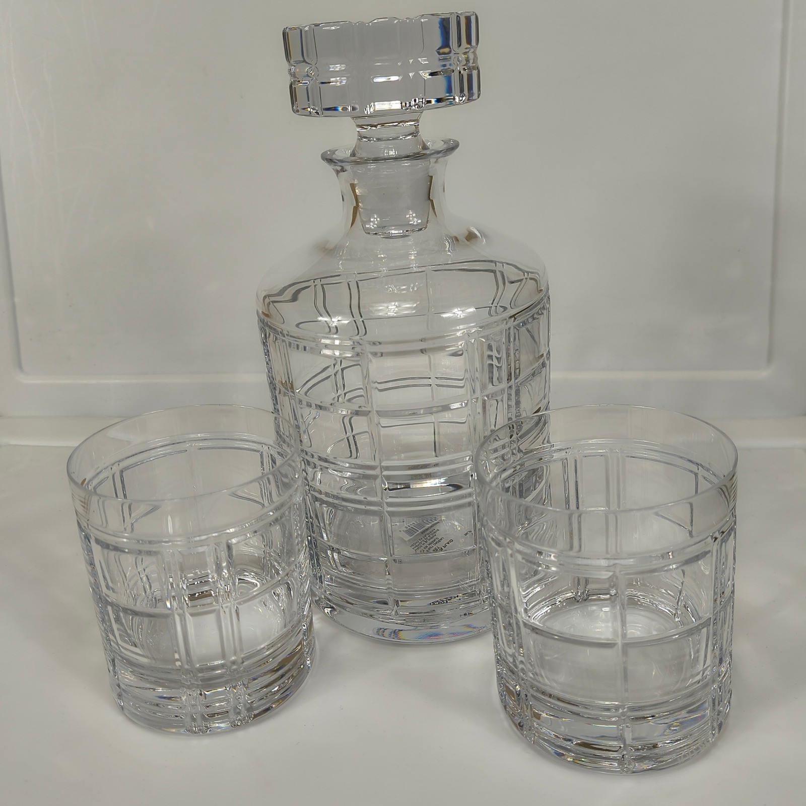 Ralph Lauren Hudson Plaid Crystal Decanter and 2 Glasses Gift Set