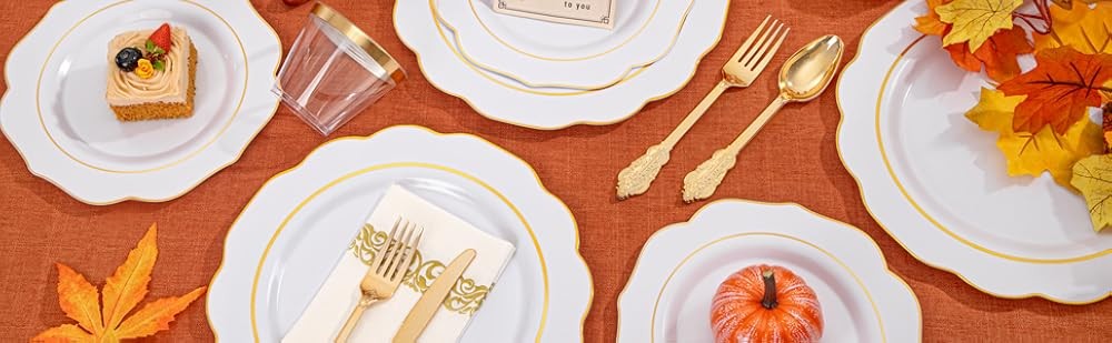 Gold Plastic Plates with Disposable Sierware - White Gold Plastic