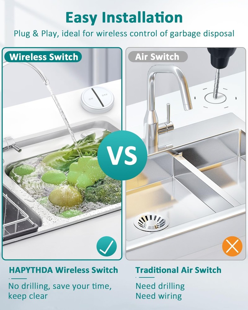 HAPYTHDA Garbage Disposal Air Switch Wireless No Wiring 500ft Range
