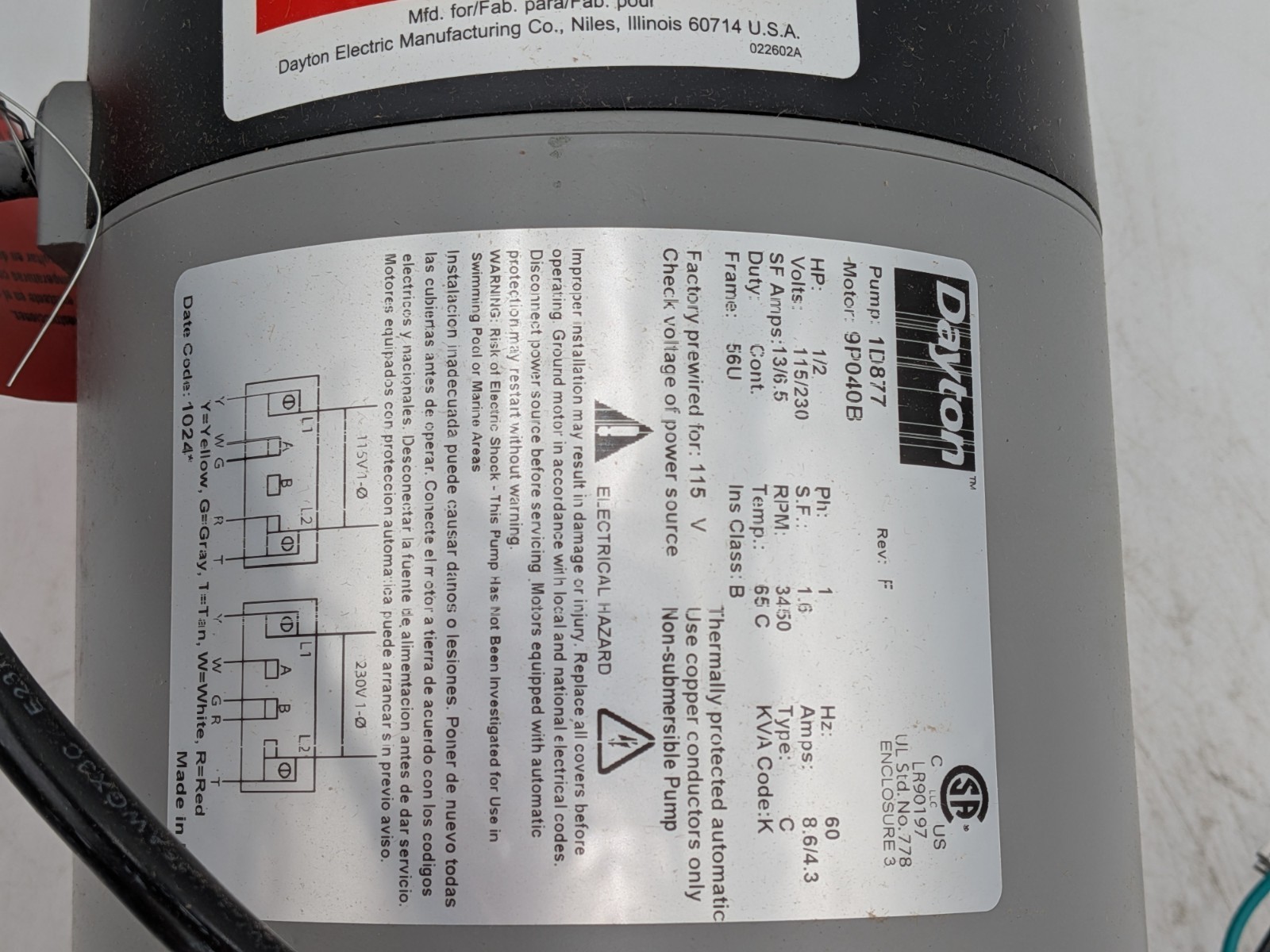 Dayton 1D877 Convertible Jet Pump 1/2 HP 115/230V 3/4" Discharge 1-1/4" Inlet