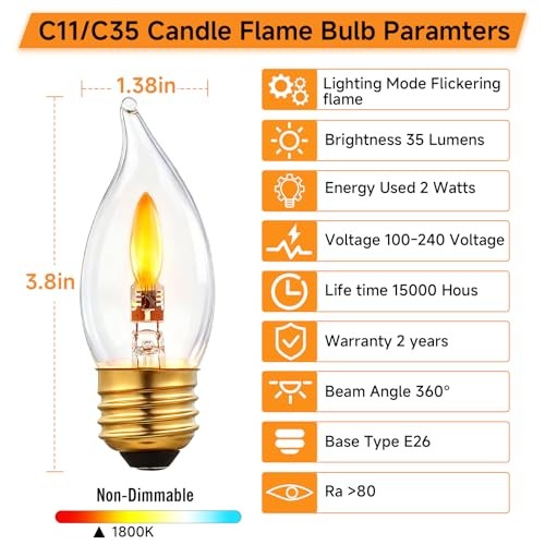 /C35 LED Flame Effect Bulb, E26 Base, 1800K Flickering Candle Light, C11