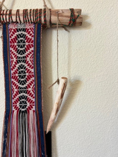 Vintage Peruvian textile, hanging hand loom, hand woven traditional design