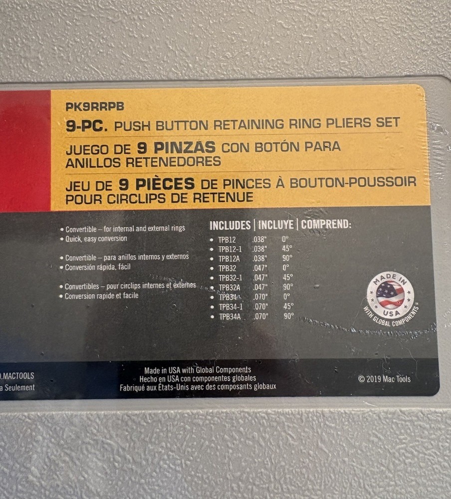 Mac Tools 9 Pc. Push Button Convertible Retaining Ring Pliers Set w/Storage Case