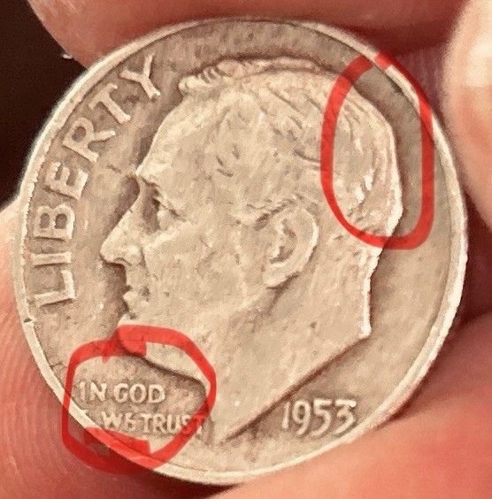 1953-D Roosevelt Dime 90% Silver RARE Errors "E" In WE