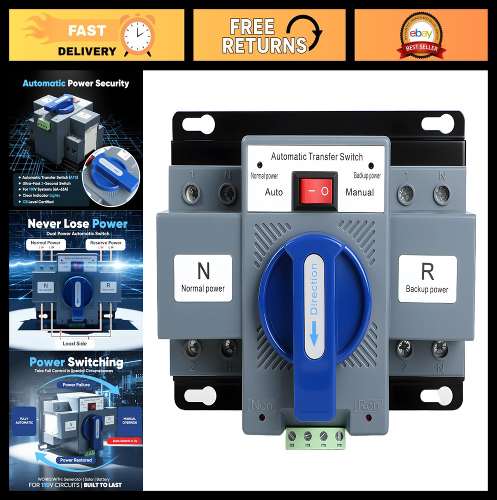 Automatic Transfer Switch 110V 63A 2P Generator Changeover, Dual-Power, Auto/Man