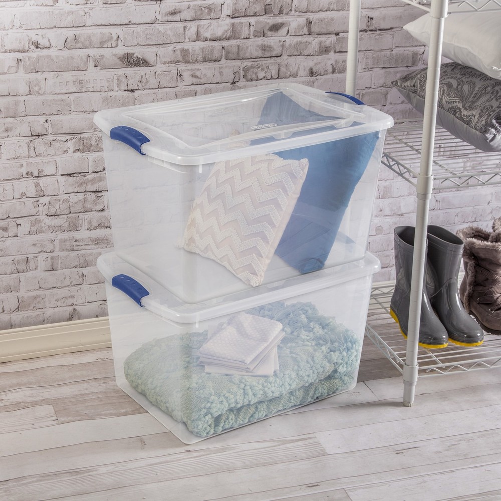 Large Storage Bin, 66 Quart Clear Plastic Storage Container with Latch Lid, Blue