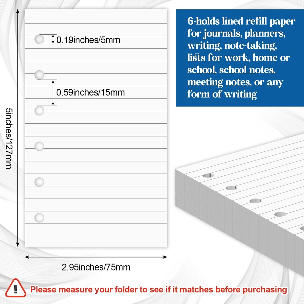 Ireer 6 Hole Mini Lined Paper Refill 200 Sheets Blank Style, White