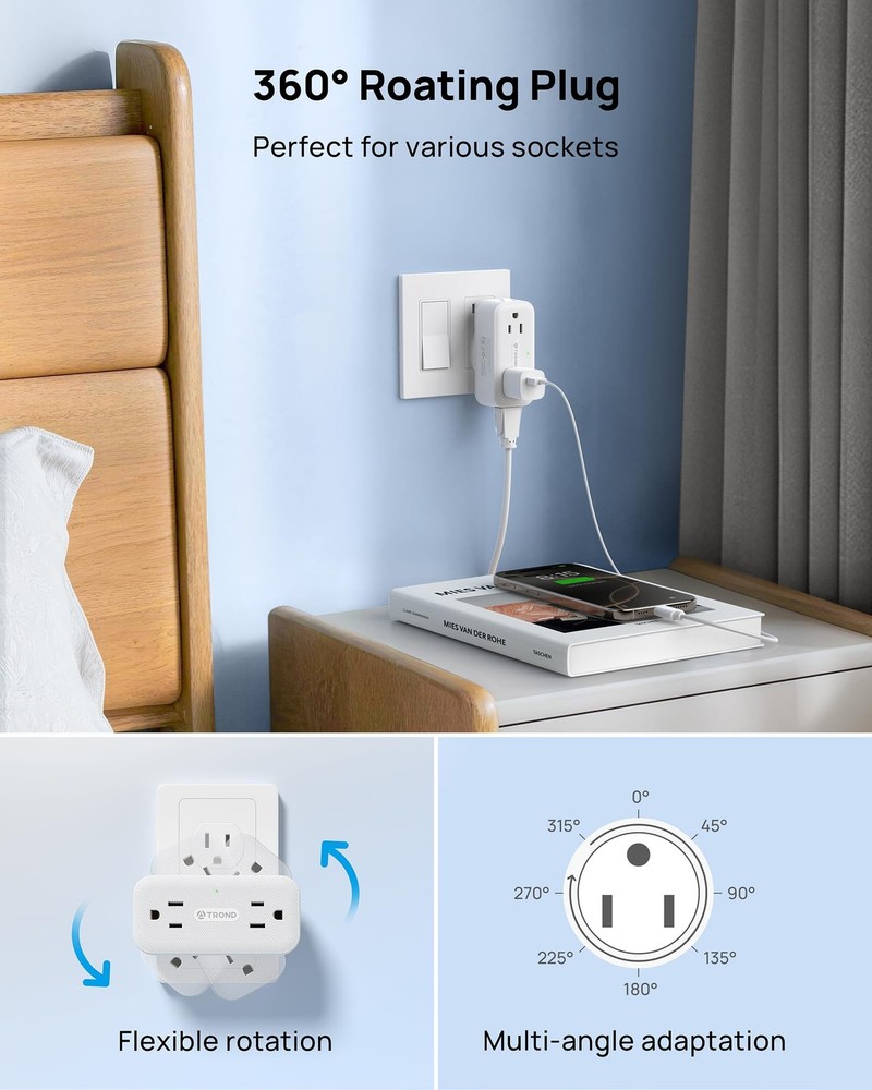 TROND Surge Protector Outlet Extender with 360 No USB, Protector, White