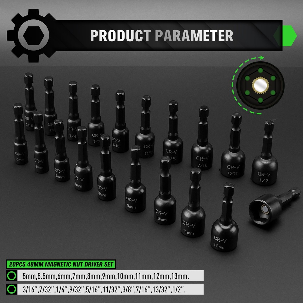 Magnetic Nut Driver Set 54PC Impact Driver Socket Adapters Metric & SAE 1/4" Hex