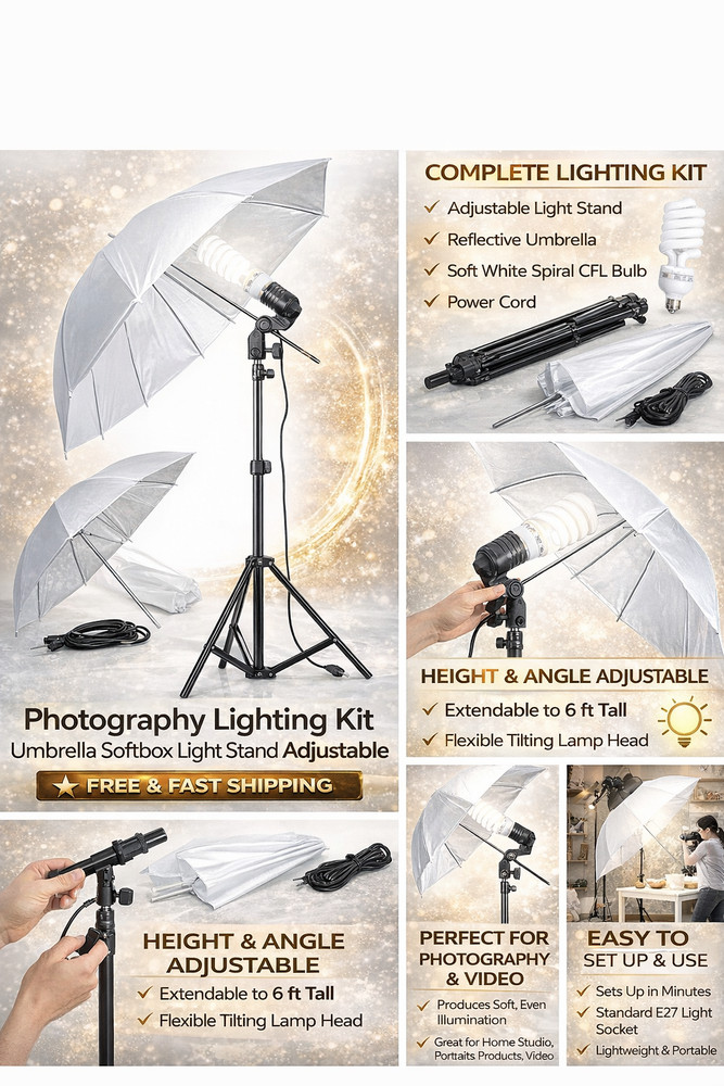Photo Studio Lighting Kit Umbrella Light Stand Adjustable Soft Light Setup