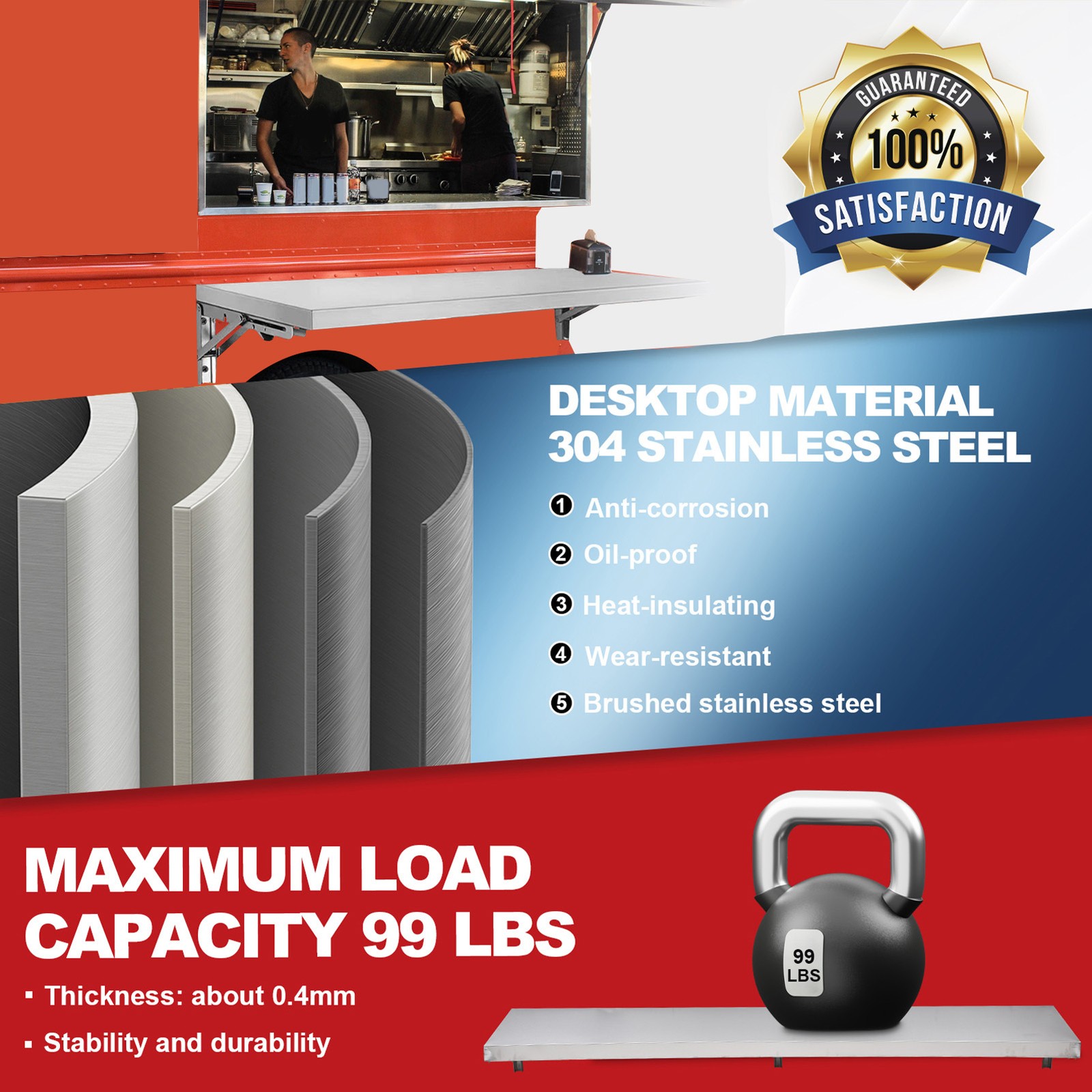 Folding Concession Shelf 70" x 12", Stainless Steel Drop Down Food Serving Stand