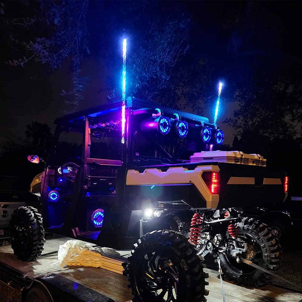 KEMIMOTO Pair 4ft Whip Lights RGB LED Lighted Antenna w/ Flag&Remote UTV ATV