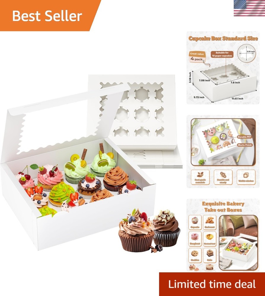 4 Pack Cupcake Boxes, Hold 12 Standard Cupcakes, Cupcake Containers with Wind...