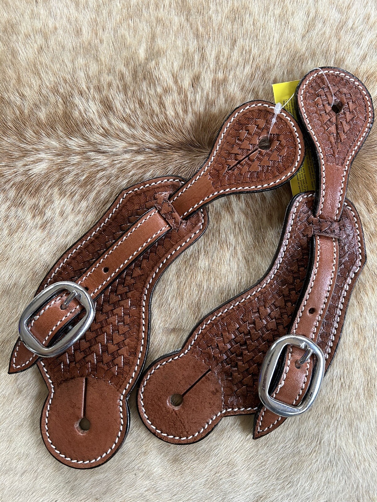 Adult Size Basketweave Tooled Leather Western PAIR Spur Straps Medium Oil Finish