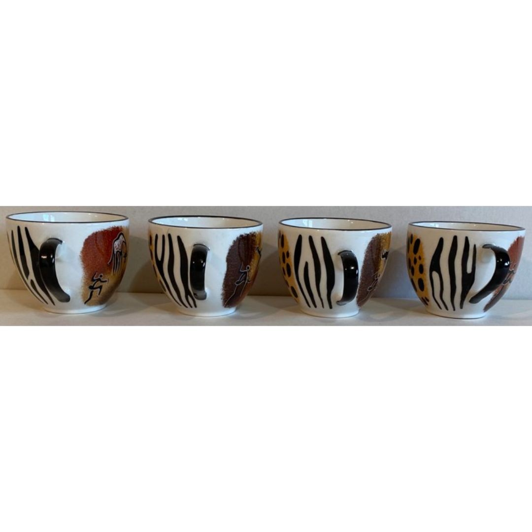 4 Hand Painted African Ceramic Teacups & Saucers Leopard, Giraffe, Zebra Rustic