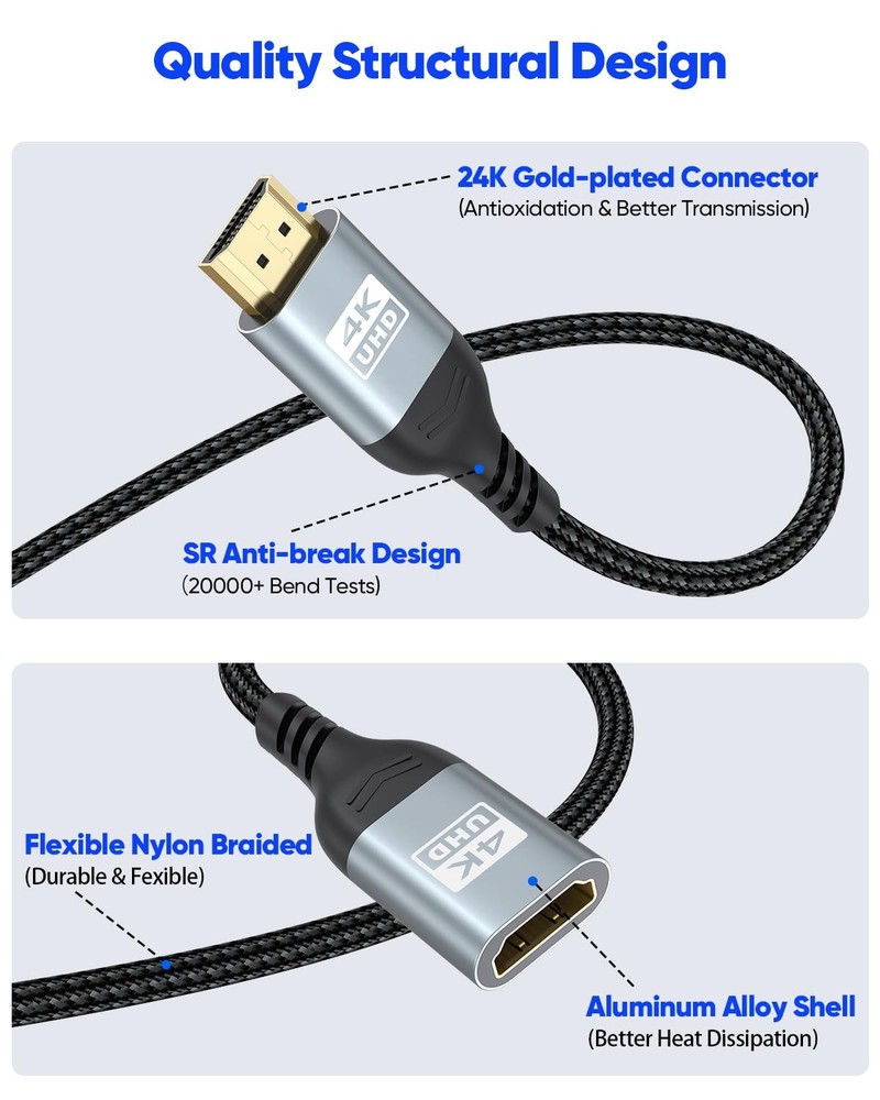 ZeniKon 4K HDMI Extender Cable 3FT Extension, High Speed 3.3FT, Grey
