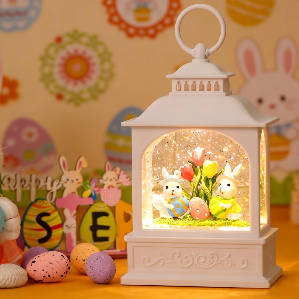Easter Bunny Snow Globe, Easter Eggs Spring Snow Globe 6H Timer Glitter Lante...