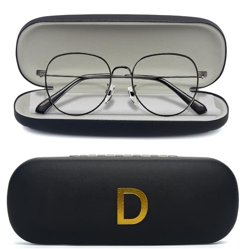 Hard Shell Glasses Case Debossed Initial A-Z, Slim Eyeglass Case for D - Black