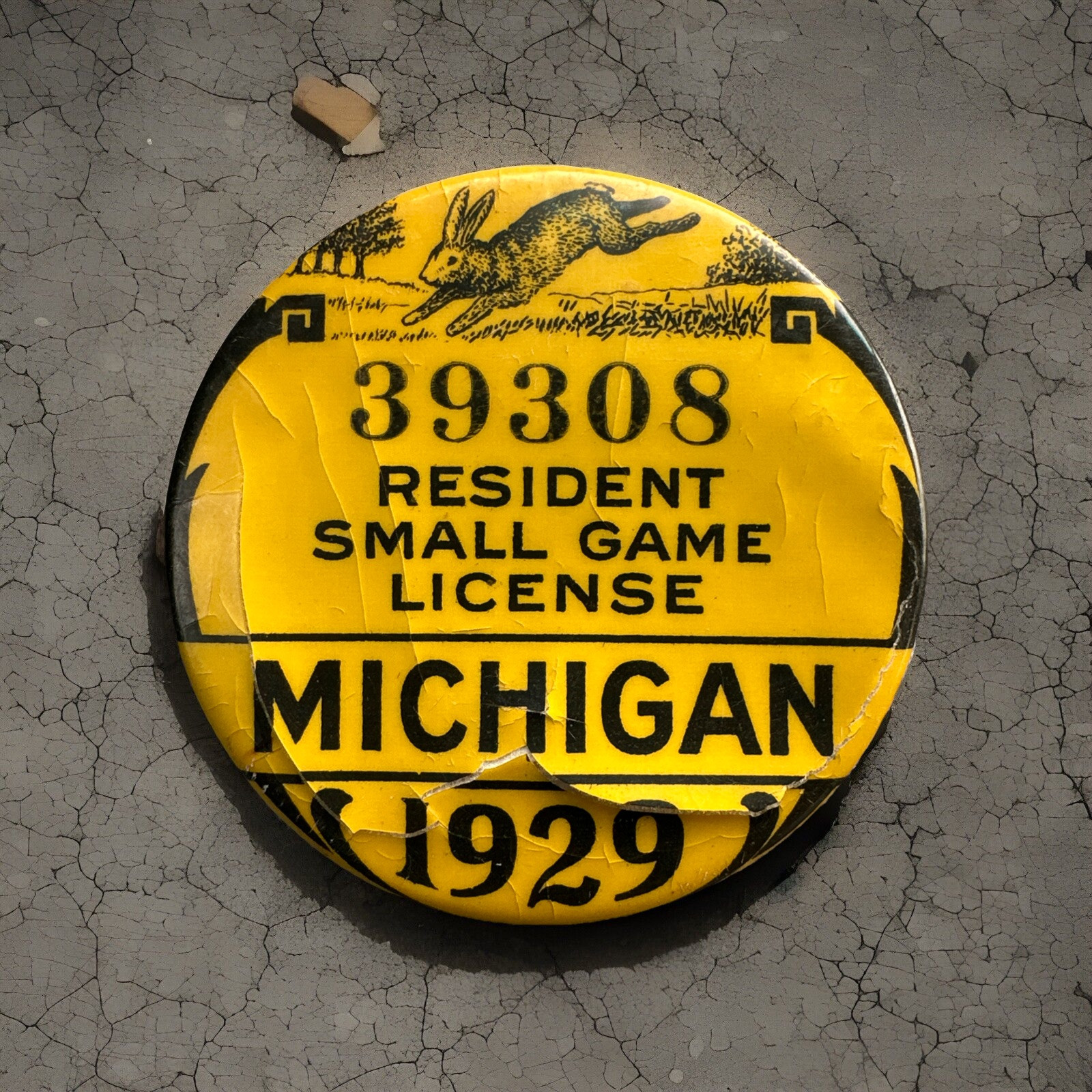 Vintage 1929 Michigan Resident Hunting License Small Game Pin Back #39308 1 3/4”