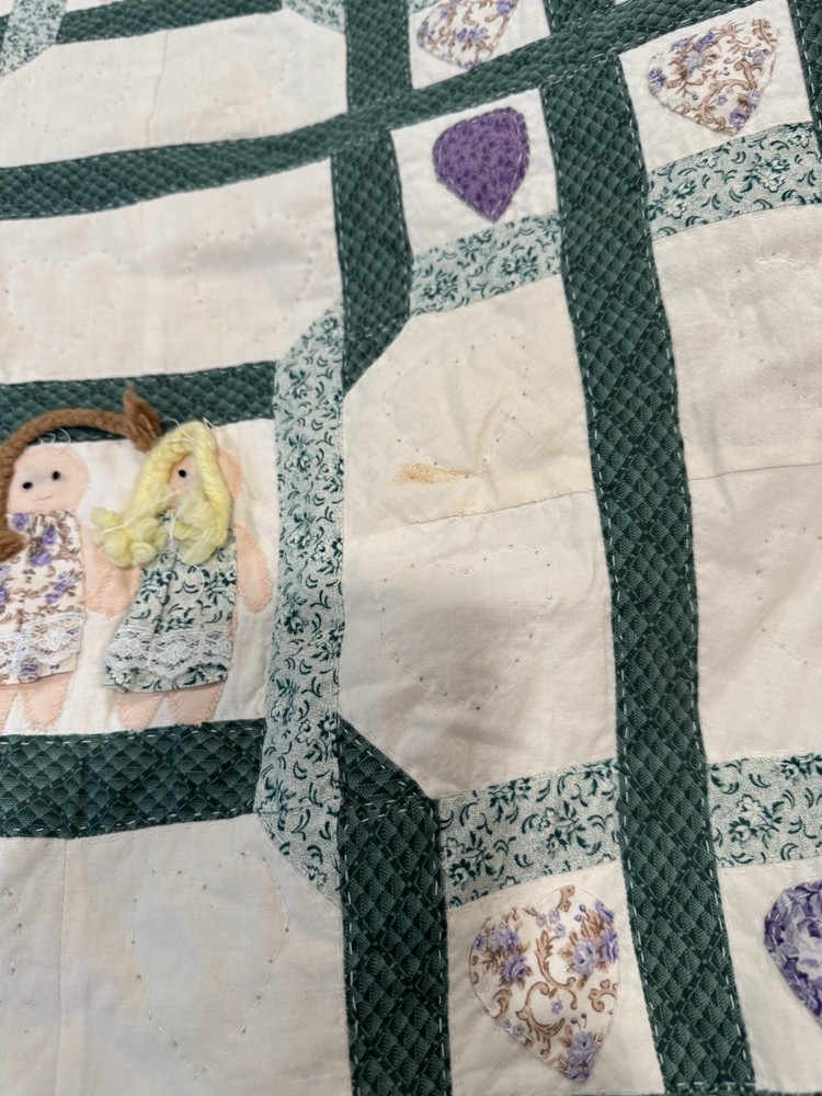 Handmade Patchwork Quilt two girlfriends Pattern Green Cotton