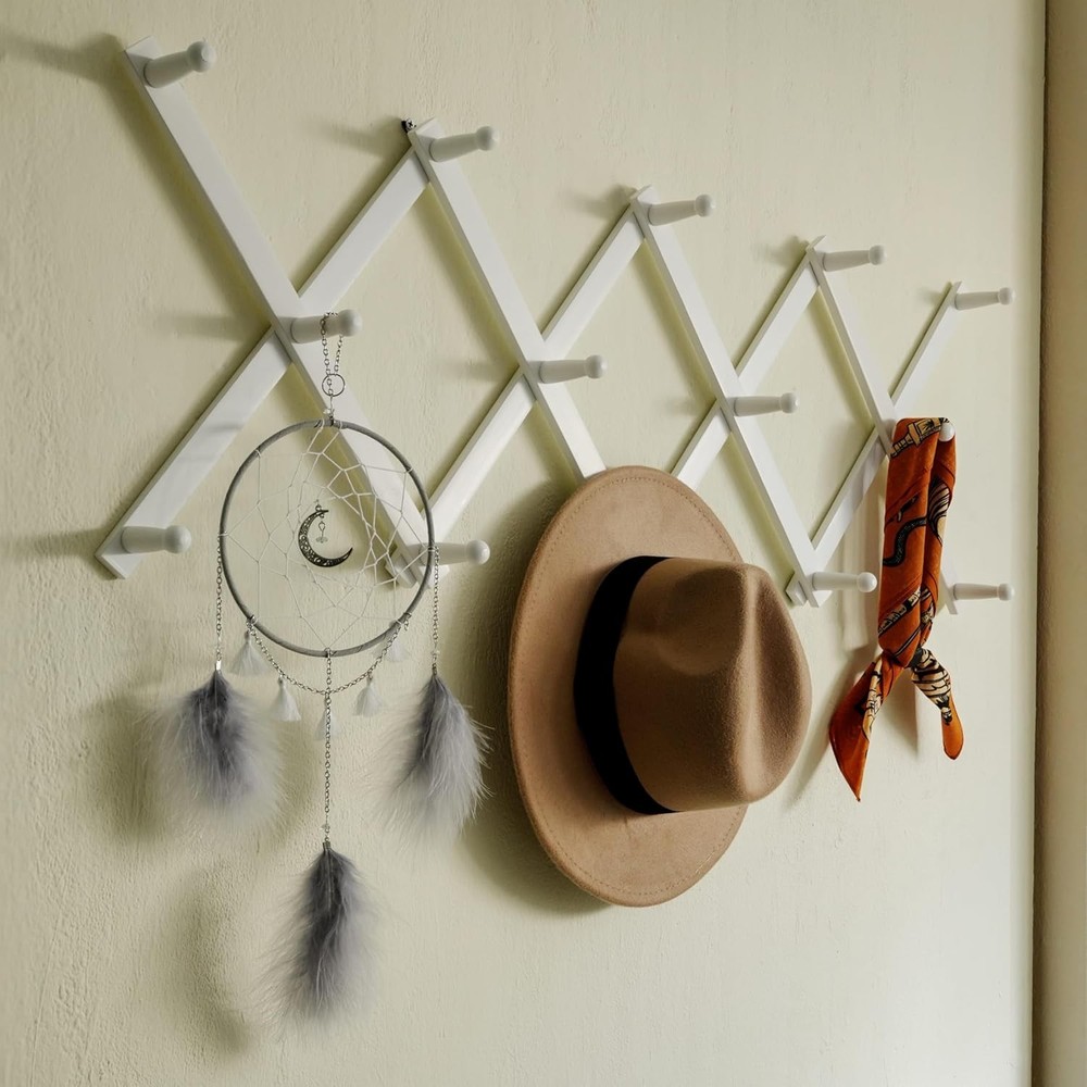 Hat Rack Wall Mount W/ 14 Hooks Solid Wooden Expandable Coat Rack