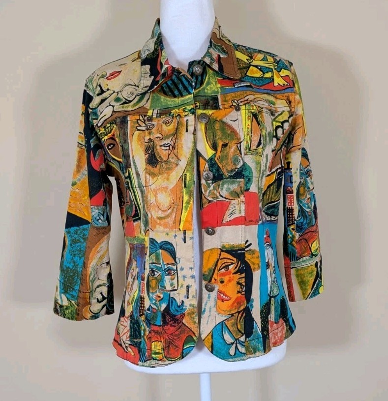 Kaktus Artsy Jacket Womens Medium 3/4 Sleeves Faces Stretch Button Front Boho