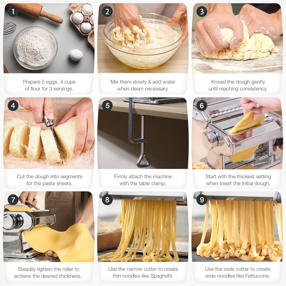 ISILER Pasta Maker 2 in 1 Noodle Machine with Rollers 9 Thickness Settings