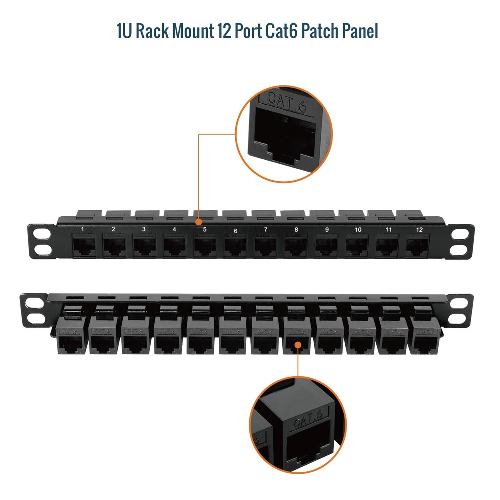 12-Port Cat6 Patch Panel 0.5U Rack Mount Keystone Coupler 10" Server Black