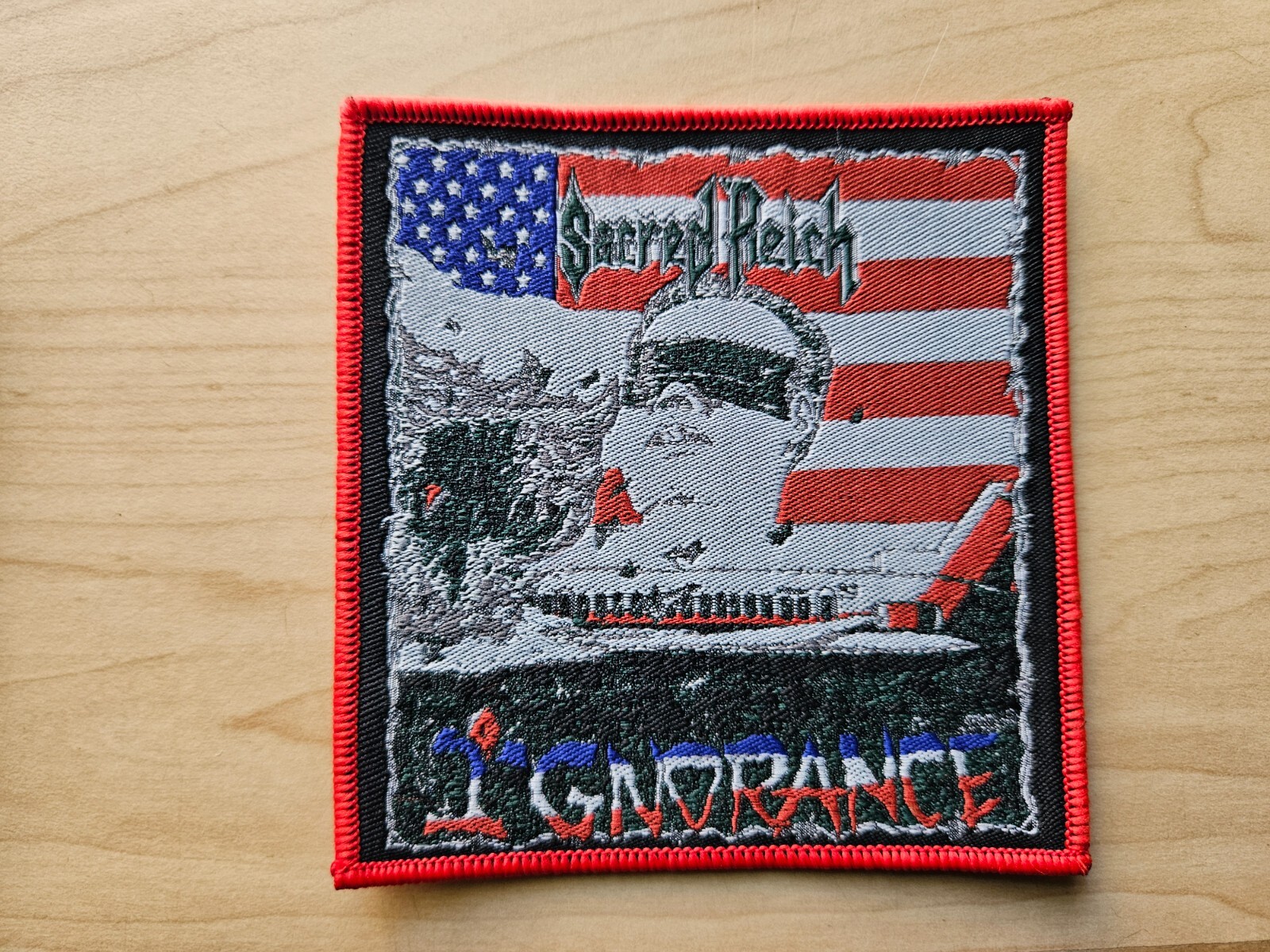 SACRED REICH, SEW ON RED BORDER WOVEN PATCH