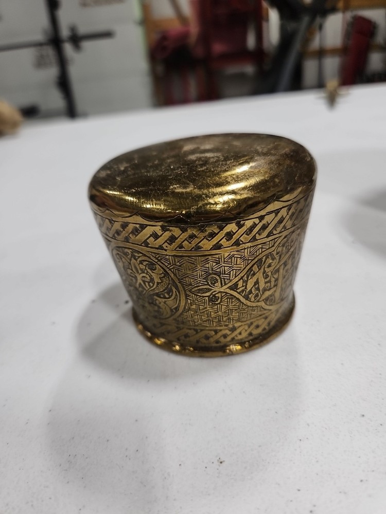 Antique Islamic Brass Basin Bowl engraved & Pierced Calligraphy Script c19th