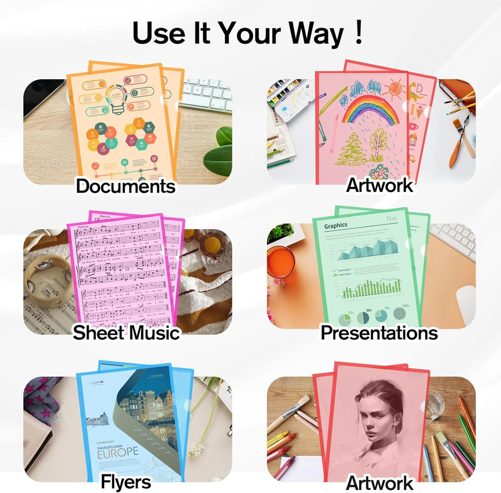 Clear Plastic Folders Sleeves 12 Pack, 6 Assorted Colors, Documents Project Pock