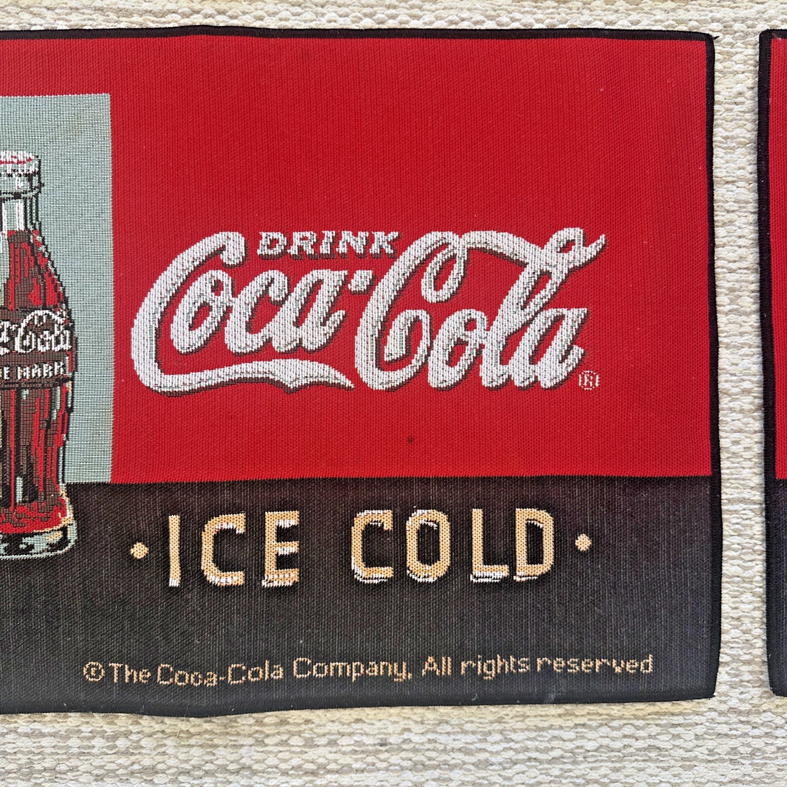 Drink Coca Cola Ice Cold Set of 4 Cloth Table Placemats Red Vtg Coke Ad ~18”x13”