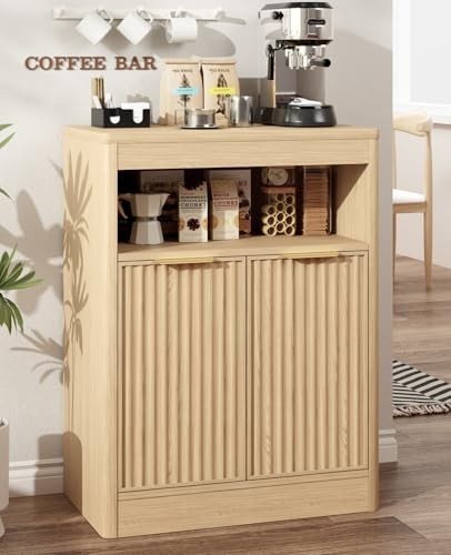 Fluted Buffet Cabinet with Storage, Small Coffee Bar with Doors & Adjustable She