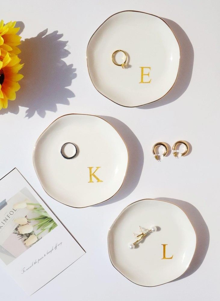 Yoqanr Ceramic Jewelry Tray Initial Ring Dish Personalized A-Monogrammed Enga...