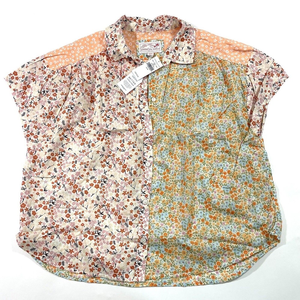 American Eagle Oversized Resort Shirt Micro Floral Patchwork Size Medium New