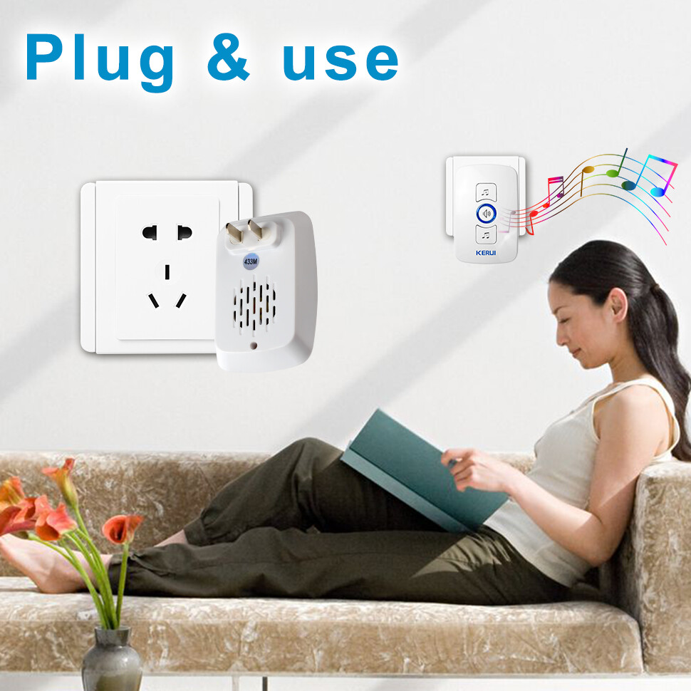 Wireless Doorbell Plug & Play Plugin Receiver Waterproof Adjustable Volume White