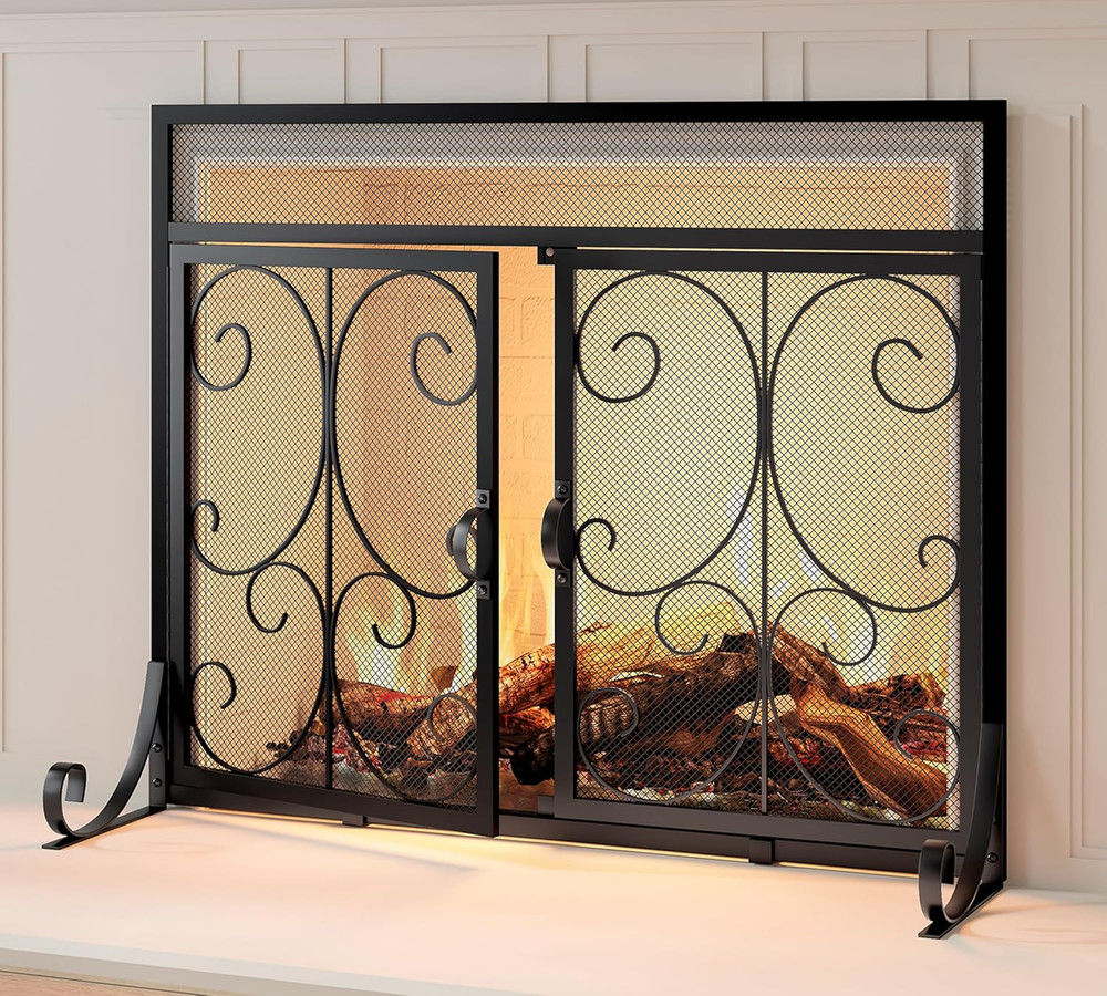 Flat Fireplace Screen with Doors, Wrought Iron Frame with Metal Mesh, Flat Panel
