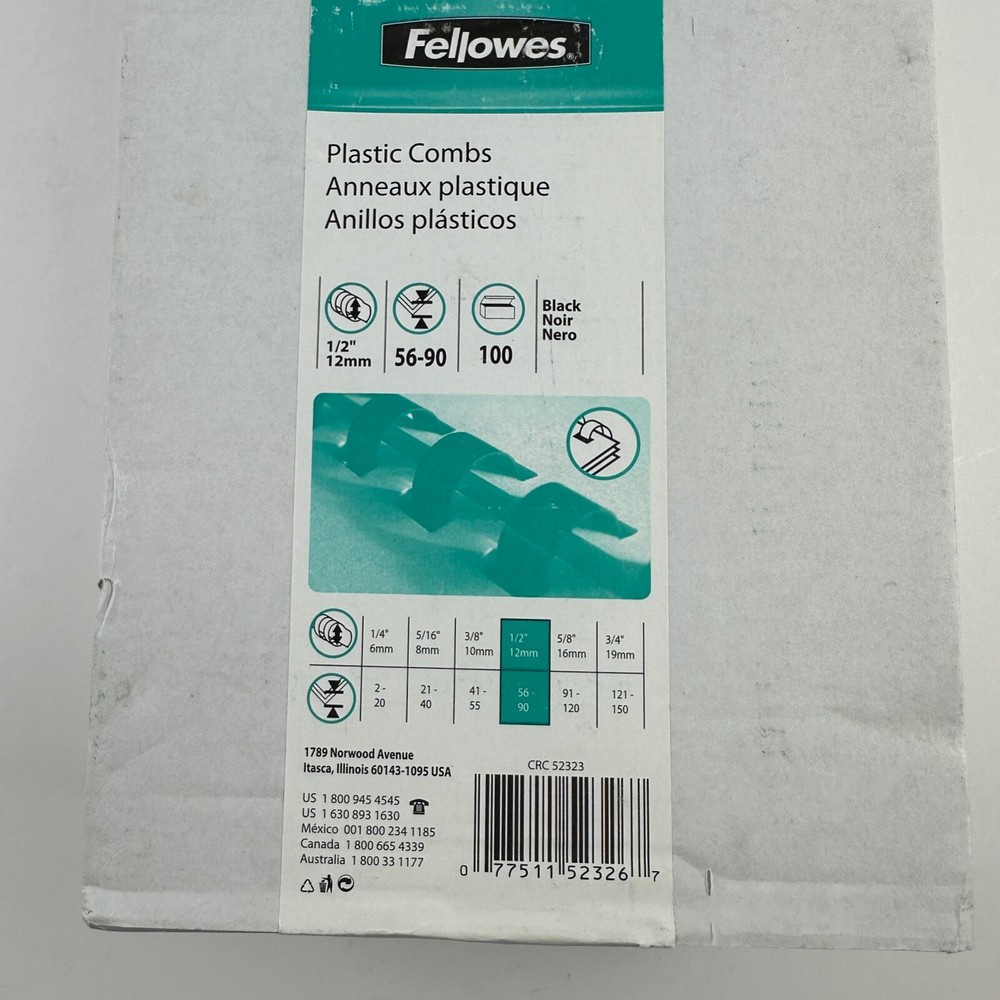Fellows Plastic Comb Binding 1/2" Dia Black 100 Count 90 Sheet Capacity CRC52323