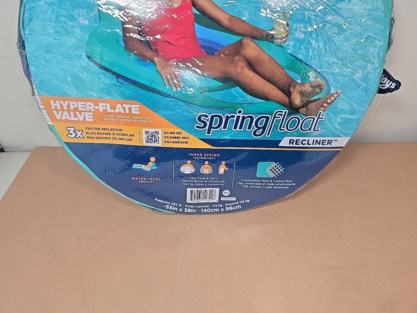 SwimWays Spring Float Recliner Pool Lounge Chair Hyper-Flate Valve Aqua 55”x38”