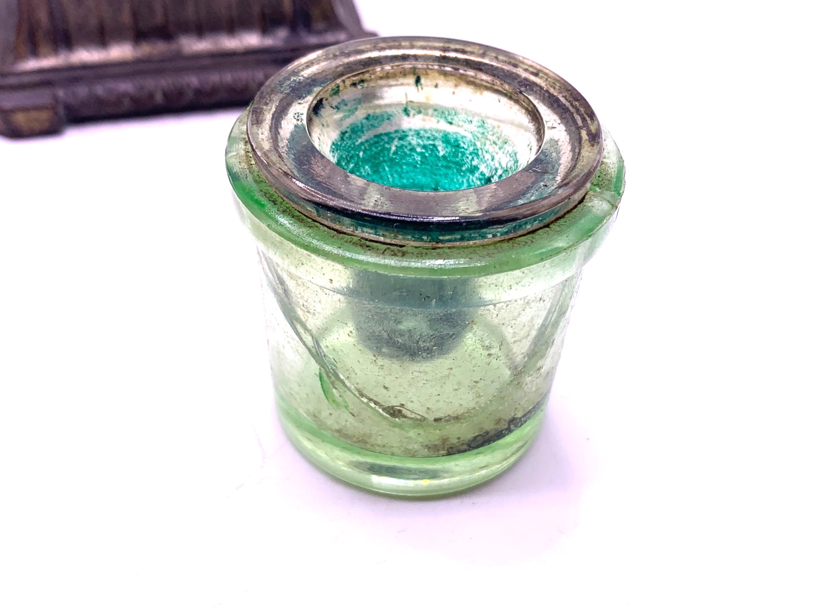 Antique Uranium Glass insert bronze inkwell very worn / damaged