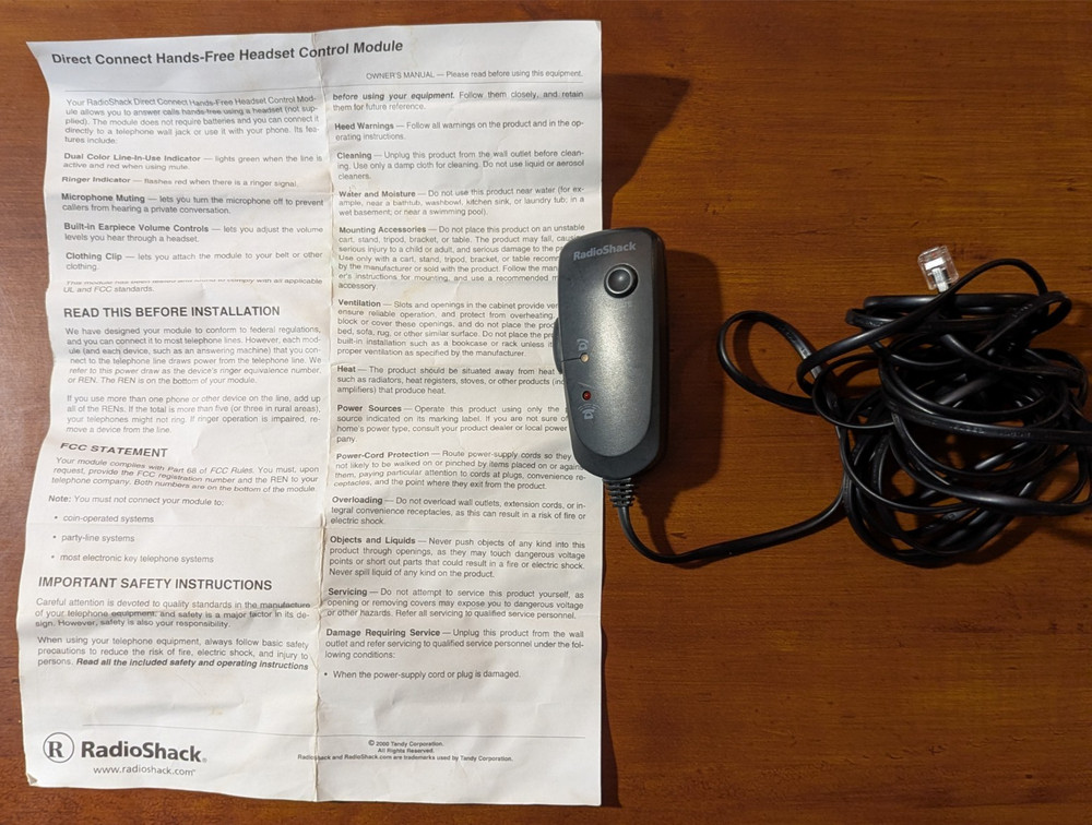 Radio Shack 43-2013 Hands Free Headset Control Module Direct Connect