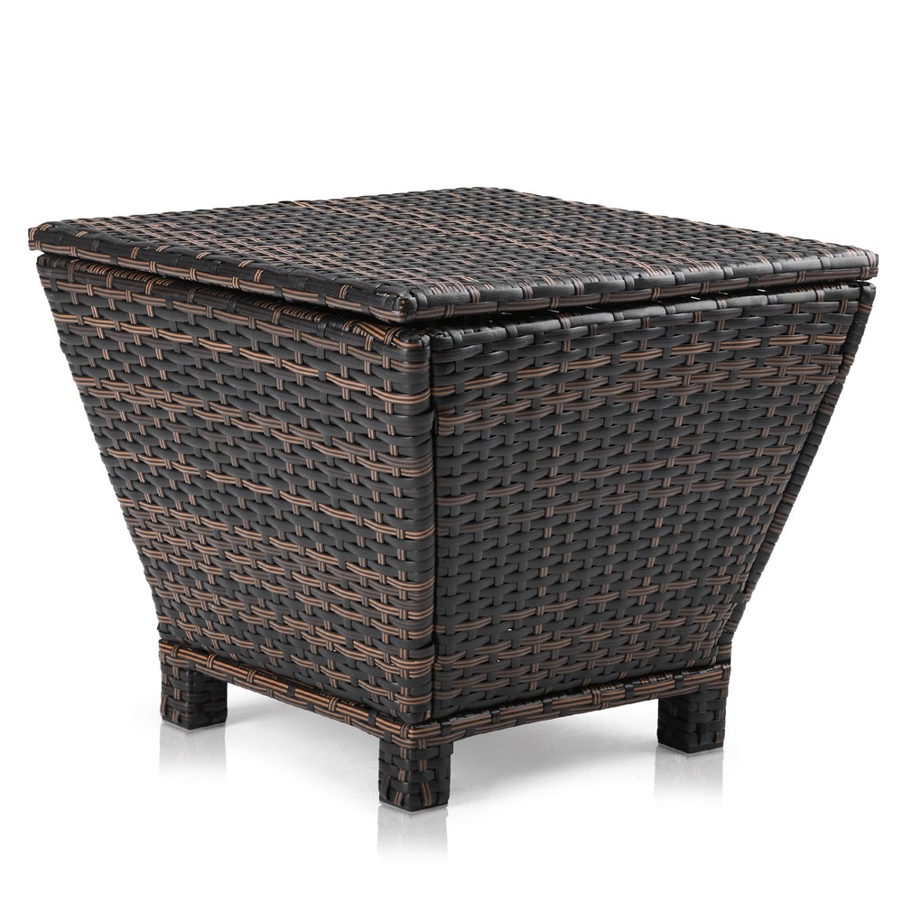 Outdoor PE Wicker Side Table with Storage, Small Patio Storage Bin Container