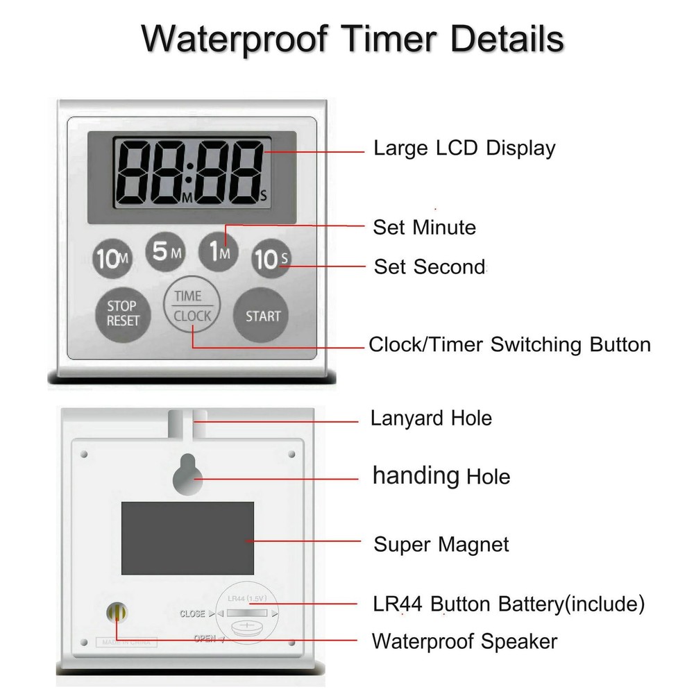 Digital Timer Waterproof Shower Timer Shower Clock Bathroom Kitchen Timer wit