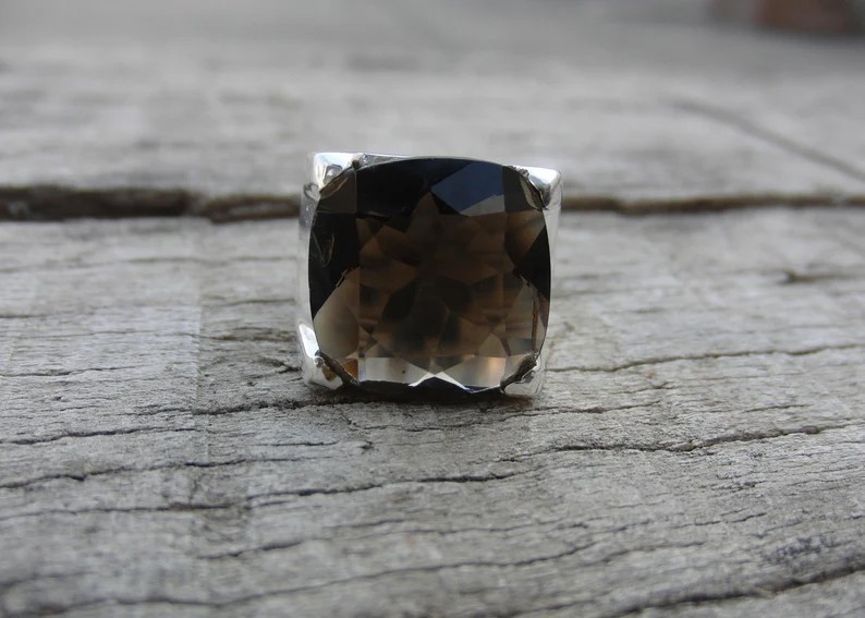Solid 925 Sterling Silver Natural Smoky Quartz Cushion Cut Stone Statement Ring