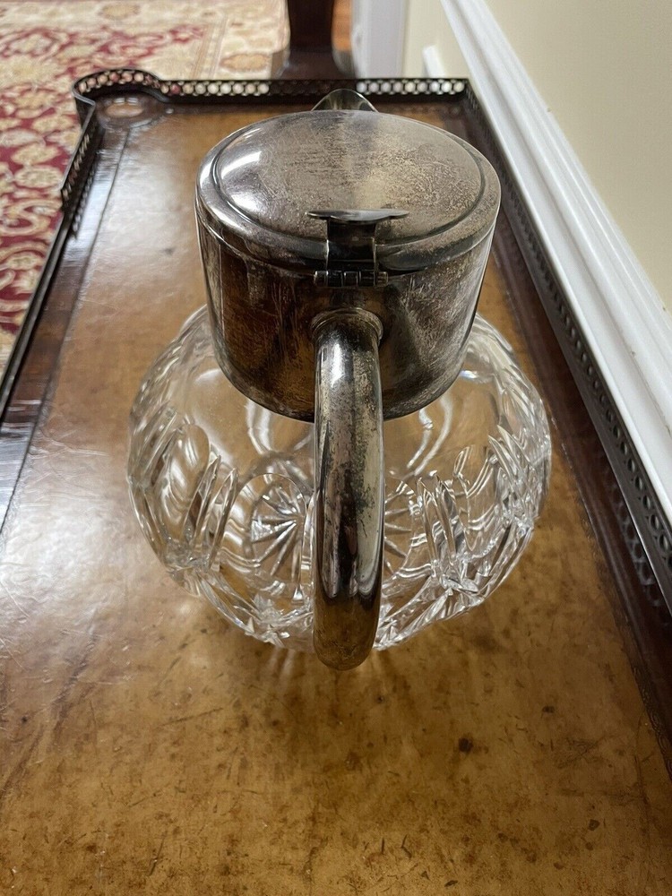 Antique Cut Glass Silver Plate Pitcher 9” Tall