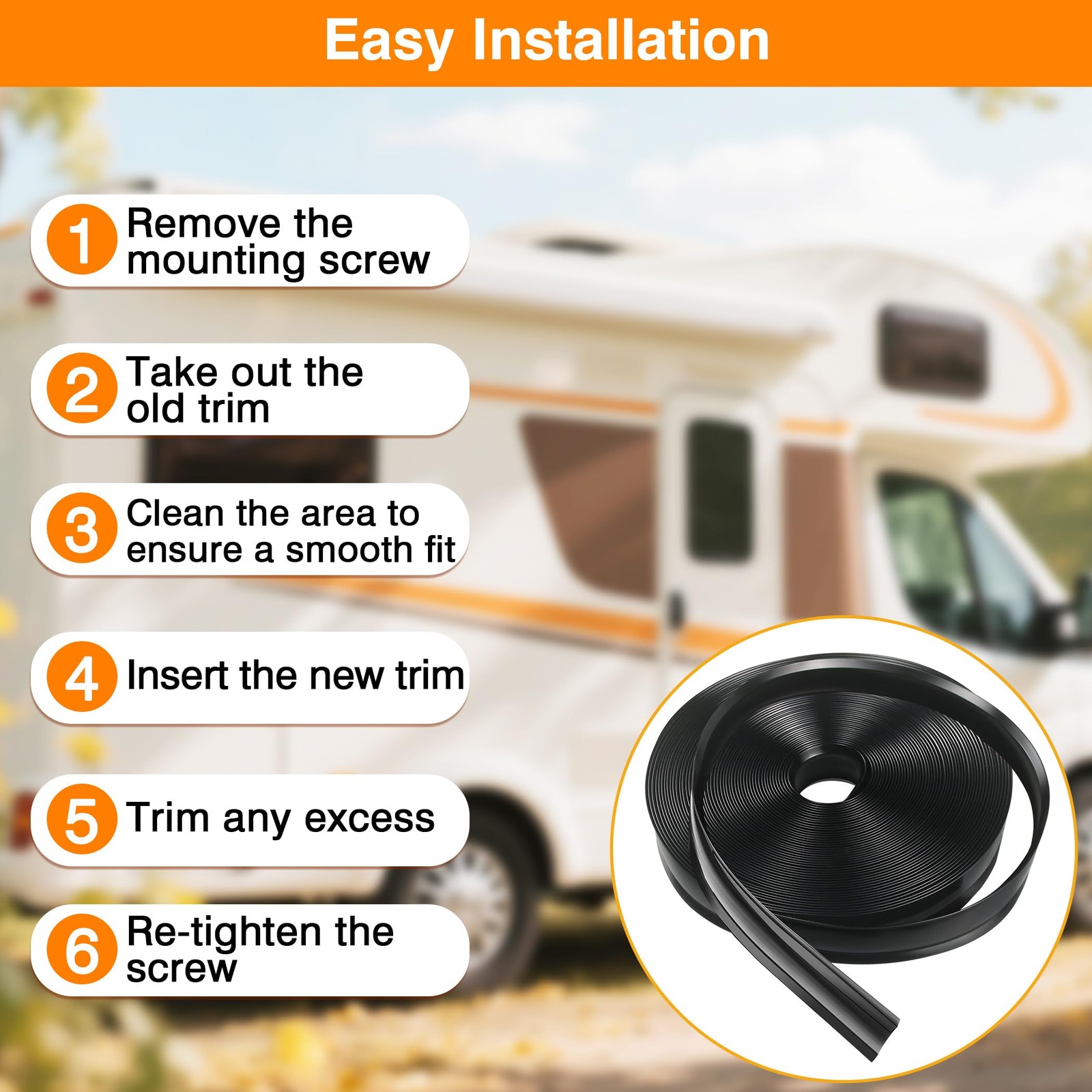 RV Trim Molding Insert 1" Black UV Resistant Vinyl Screw Cover for Campers 50ft