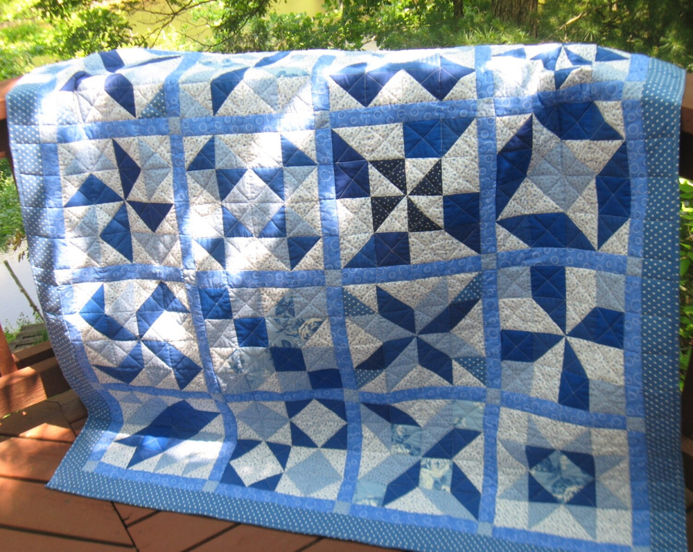 Handcrafted True Blues Sampler Quilt, 62" Square, Lap, Bed Cover