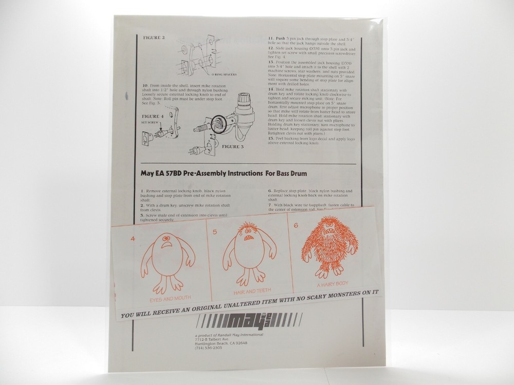MAY EA INTERNAL DRUM MICROPHONE INSTALLATION INSTRUCTION SHEET Vtg 1990s